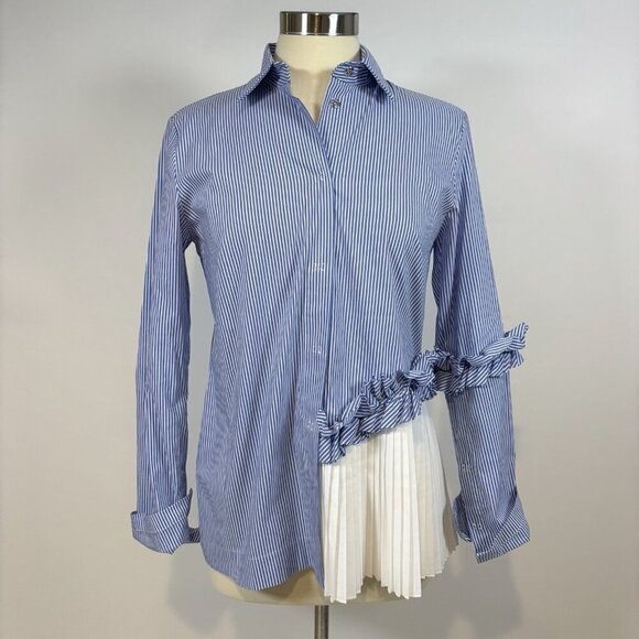 D. EXTERIOR Tops - D. Exterior Button Up Blouse Ruffled Pinstripe Pleated Peekaboo Italy Medium